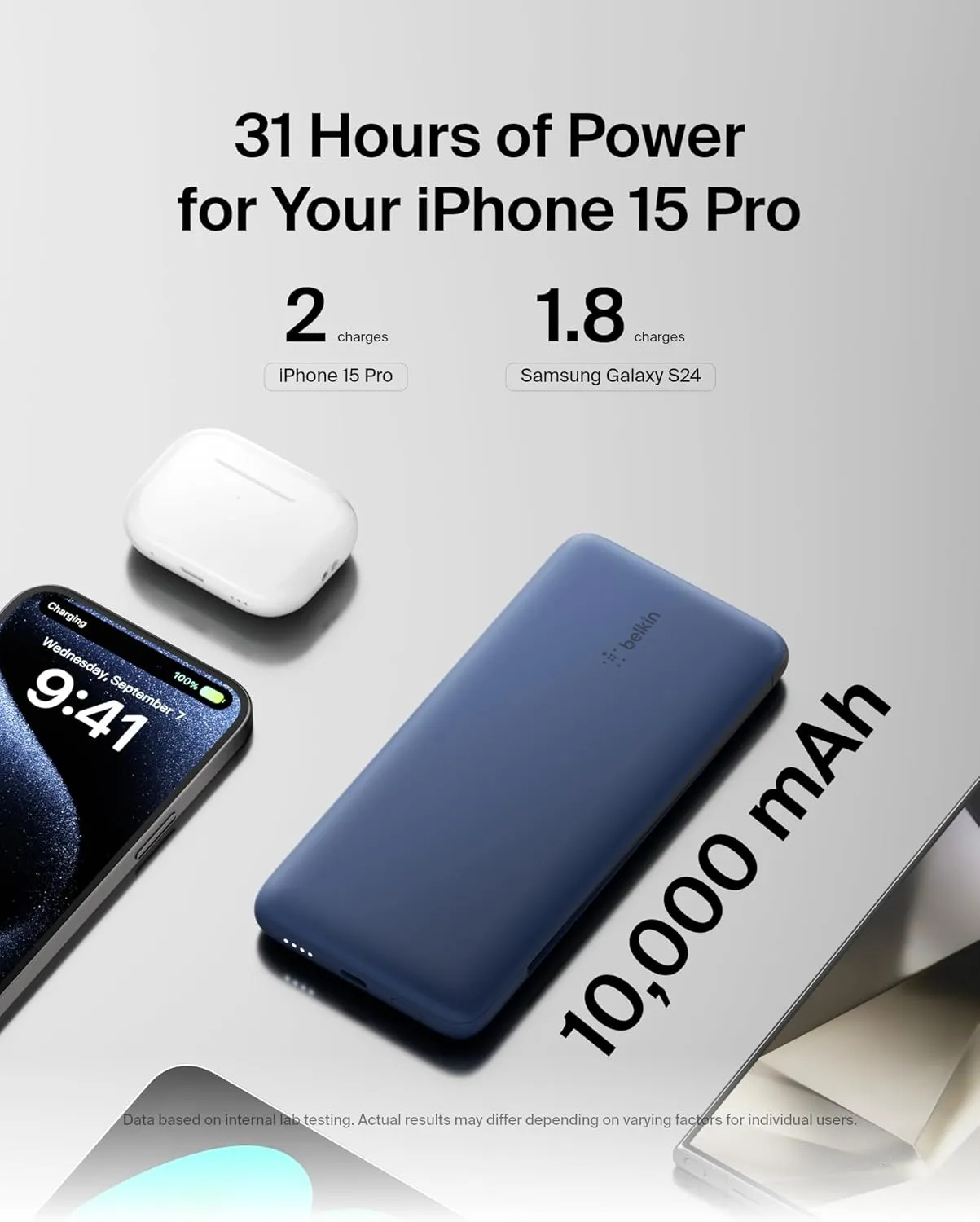 Belkin Portable Charger, Power Bank 10,000mAh, 23W w/Integrated Lightning Cable & USB-C Cable - iPhone Charger Battery Pack for Apple iPhone 16, 15, 14, Galaxy S25, Pixel 9, Travel Essentials - Blue