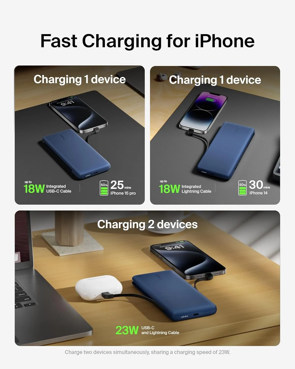 Belkin Portable Charger, Power Bank 10,000mAh, 23W w/Integrated Lightning Cable & USB-C Cable - iPhone Charger Battery Pack for Apple iPhone 16, 15, 14, Galaxy S25, Pixel 9, Travel Essentials - Blue