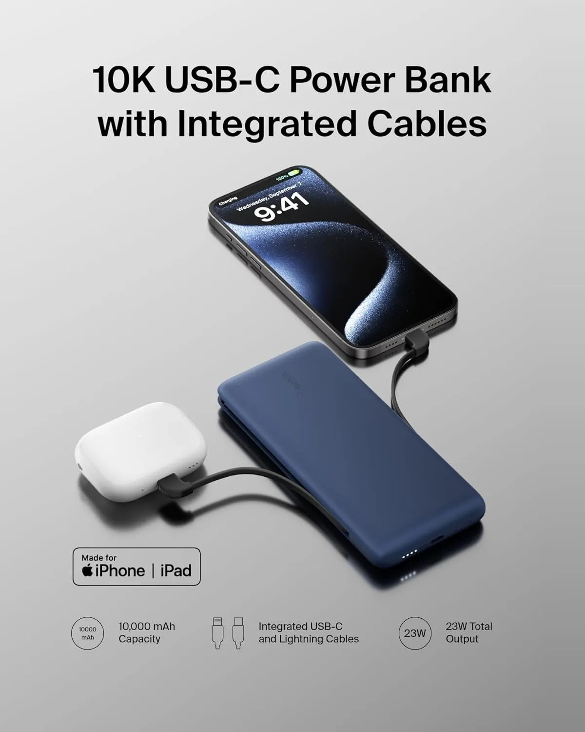 Belkin Portable Charger, Power Bank 10,000mAh, 23W w/Integrated Lightning Cable & USB-C Cable - iPhone Charger Battery Pack for Apple iPhone 16, 15, 14, Galaxy S25, Pixel 9, Travel Essentials - Blue