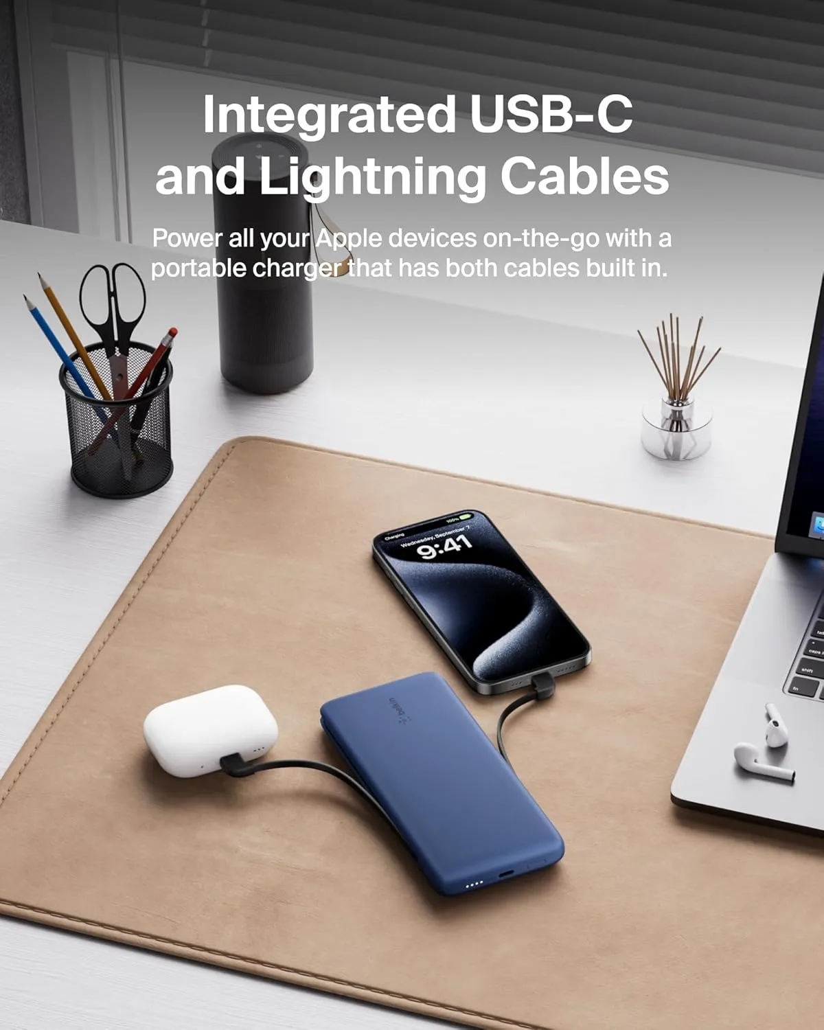 Belkin Portable Charger, Power Bank 10,000mAh, 23W w/Integrated Lightning Cable & USB-C Cable - iPhone Charger Battery Pack for Apple iPhone 16, 15, 14, Galaxy S25, Pixel 9, Travel Essentials - Blue