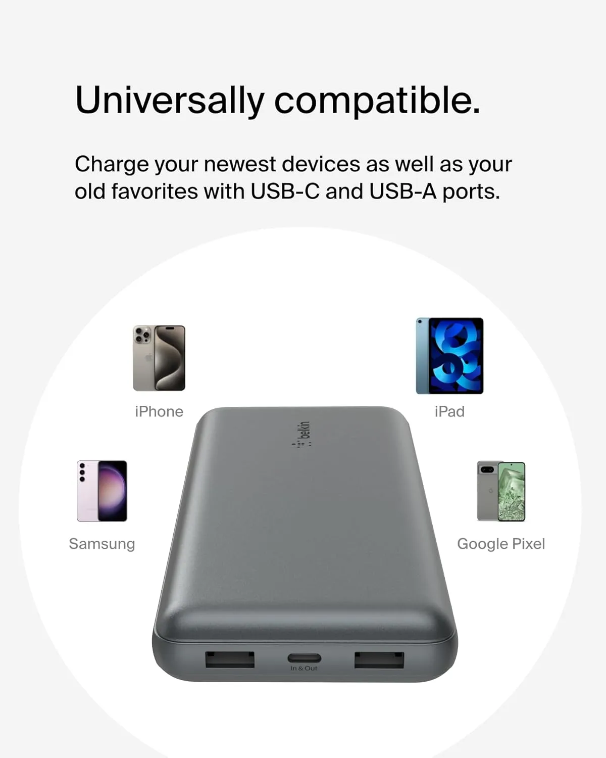 Belkin Portable Charger, USB-C Power Bank 20,000mAh w/ 2 USB-A Ports, 15W w/A to C Cable for iPhone 16, 15, Samsung Galaxy S25, Pixel, iPad, Nintendo Switch 2 & More - Gray