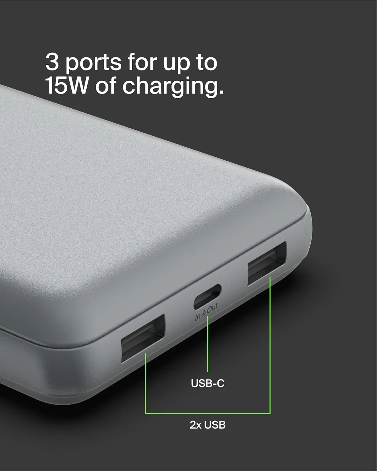 Belkin Portable Charger, USB-C Power Bank 20,000mAh w/ 2 USB-A Ports, 15W w/A to C Cable for iPhone 16, 15, Samsung Galaxy S25, Pixel, iPad, Nintendo Switch 2 & More - Gray