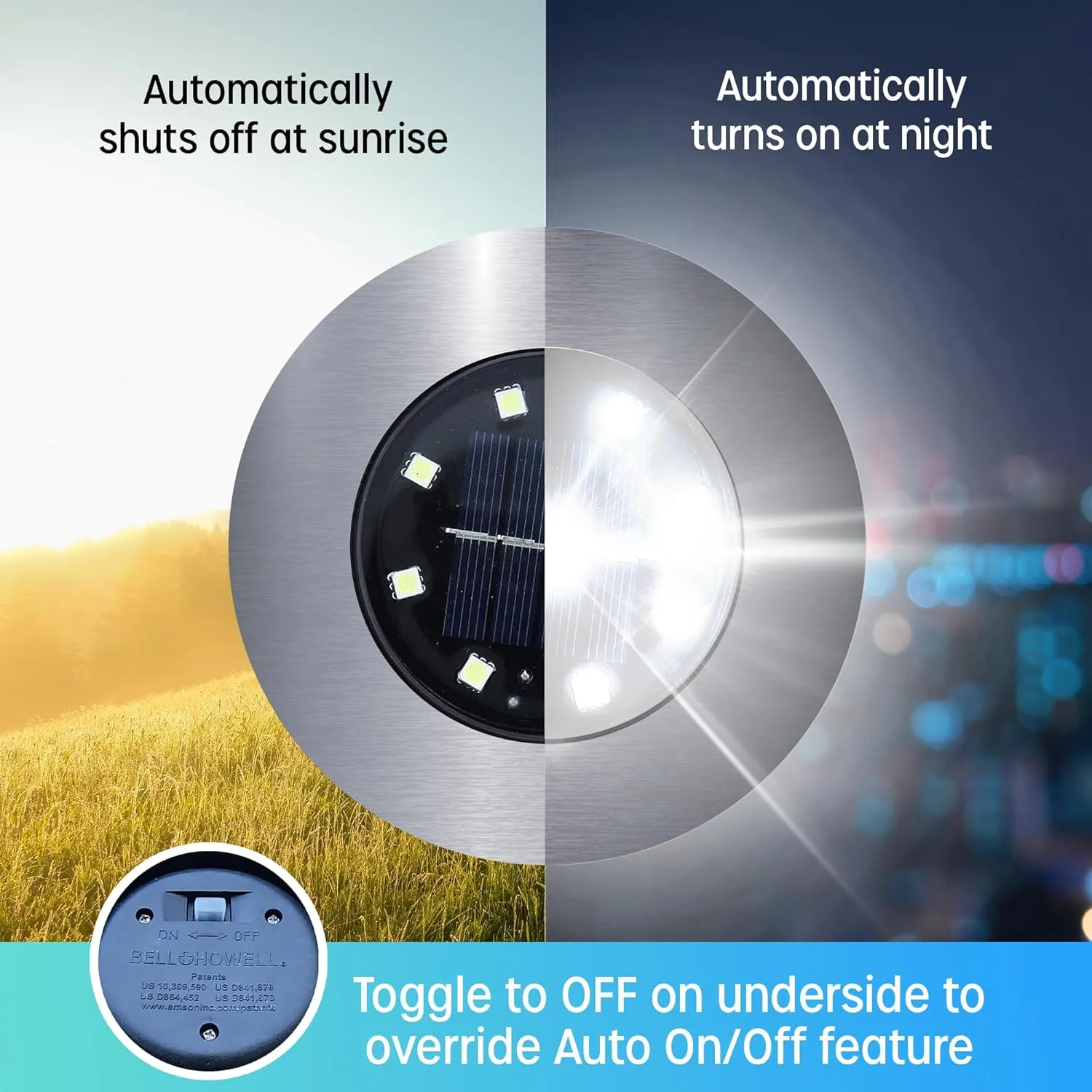 Bell Howell Swivel Disk Lights Deluxe Set of 4 Inground Solar Lights with 8 LED Bulbs Solar Power Outdoor Lights for Yard, Garden and Lawn – Wireless, Stakes Included - As Seen On TV