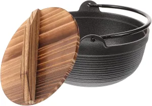 BESPORTBLE Japanese Iron Hot Pot with Wooden Lid Non Stick Serving Pot for Outdoor Camping Durable Cast Iron Cooking Pot for Noodles and for Home and Restaurant