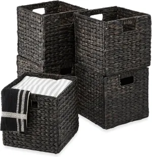 Best Choice Products 10.5x10.5in Hyacinth Baskets, Rustic Set Of 5 Multipurpose Collapsible Storage Organizer, Handwoven Laundry Totes for Bedroom, Living Room, Shelves - Black