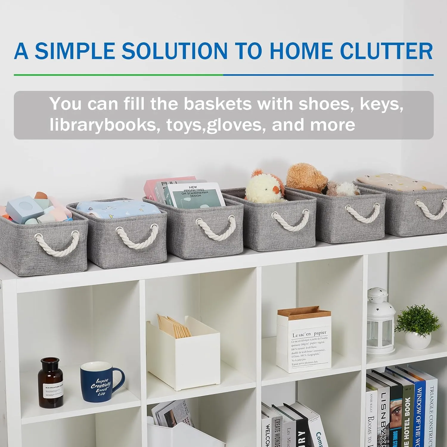 Bidtakay Small Gray Baskets Set of 6 Fabric Storage Bins with Handles 11.8 x 7.8 x 5 inch Collapsible Canvas Organizer Bins Baskets for Organizing Closet Shelf Storage
