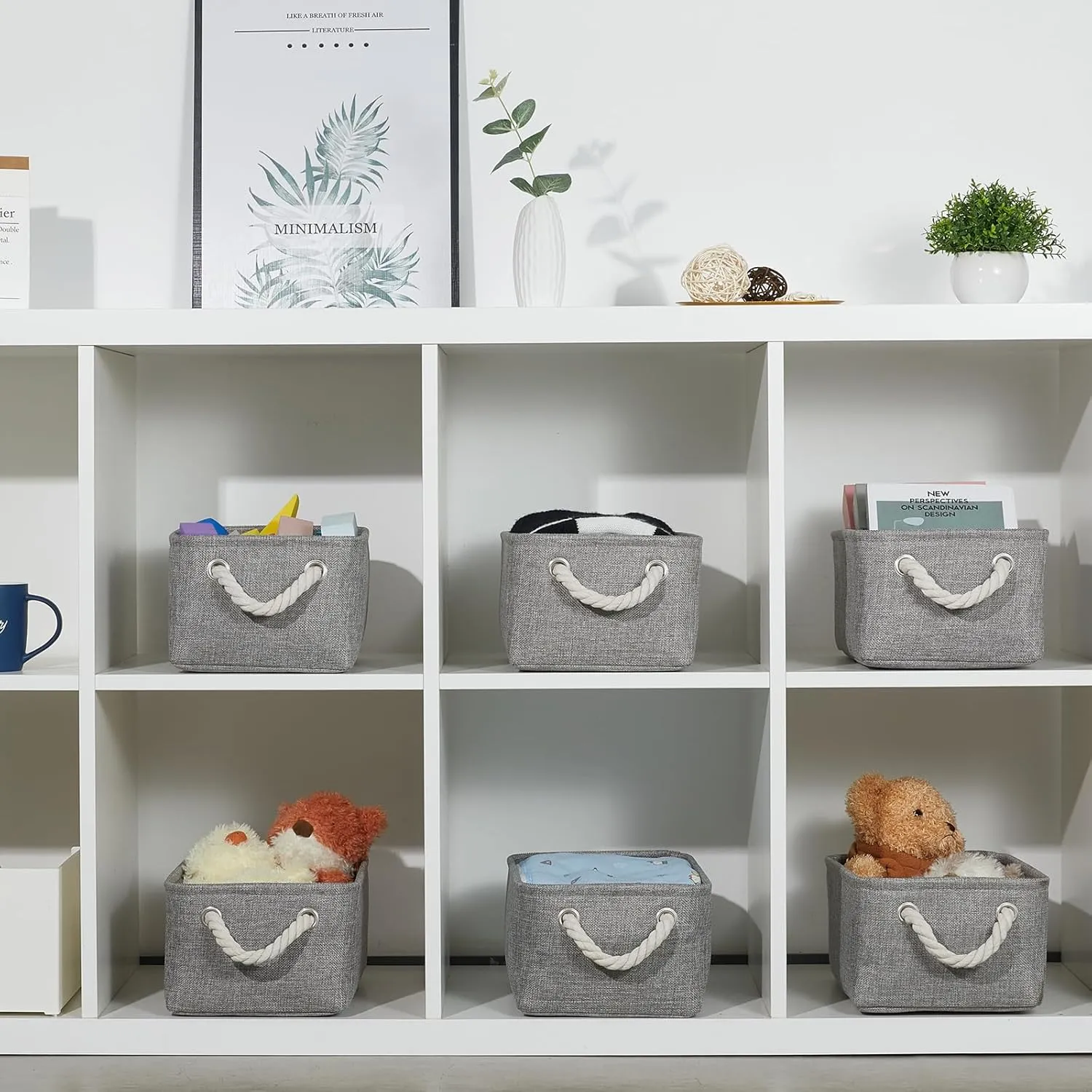 Bidtakay Small Gray Baskets Set of 6 Fabric Storage Bins with Handles 11.8 x 7.8 x 5 inch Collapsible Canvas Organizer Bins Baskets for Organizing Closet Shelf Storage
