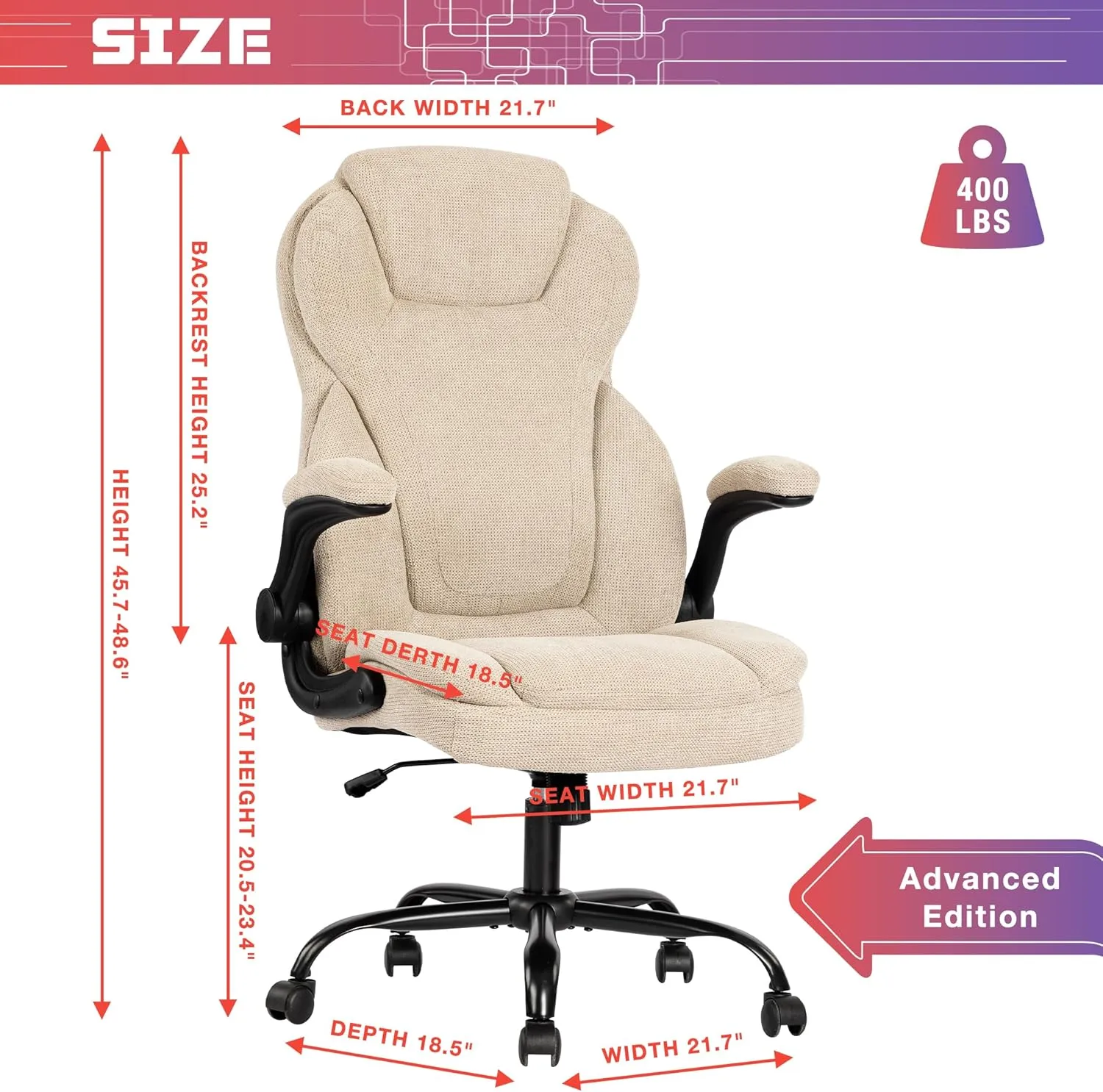 Big and Tall Fabric Office Chair 400lbs-Heavy Duty Executive Desk Chair with Extra Wide Seat, High Back Ergonomic Leather Computer Chair with Tilt Rock&Tension, Padded Armrests-Black