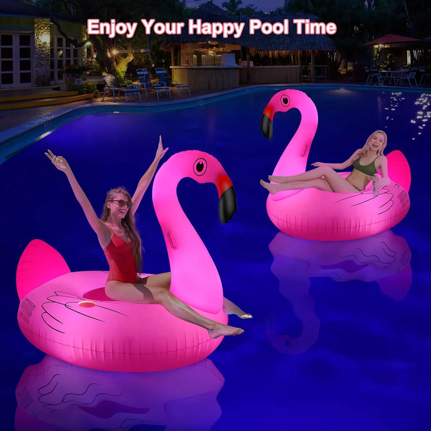 Big Swan Pool Floats Solar Powered Flamingo Pool Floats Adult w/LED Color Changing Lights, 69'' Large Inflatable Pool Floaties w/Cup Holder, Turtle Lake Float Lounger