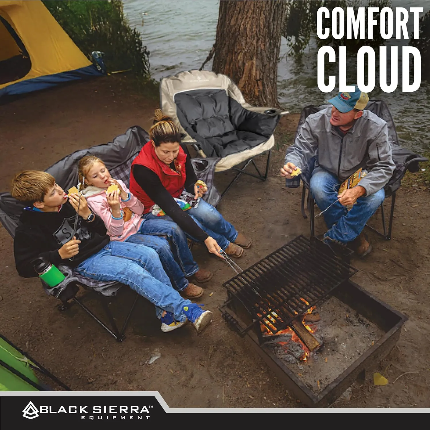 Black Sierra Oversized Camping Chair for Adults, Heavy Duty Outdoor Seat with Plush Padding, Supports 400lbs, Cup Holders & Carry Bag, Comfortable Folding Chair for Tailgating, Patio & Sideline Events
