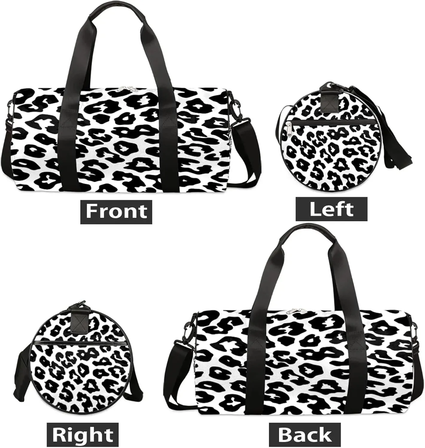 Black White Leopard Print Sports Gym Bag for Men Women Lightweight Travel Duffle Bag with Shoulder Strap Waterproof Carry On Weekender Overnight Bag for Travel Sports Gym