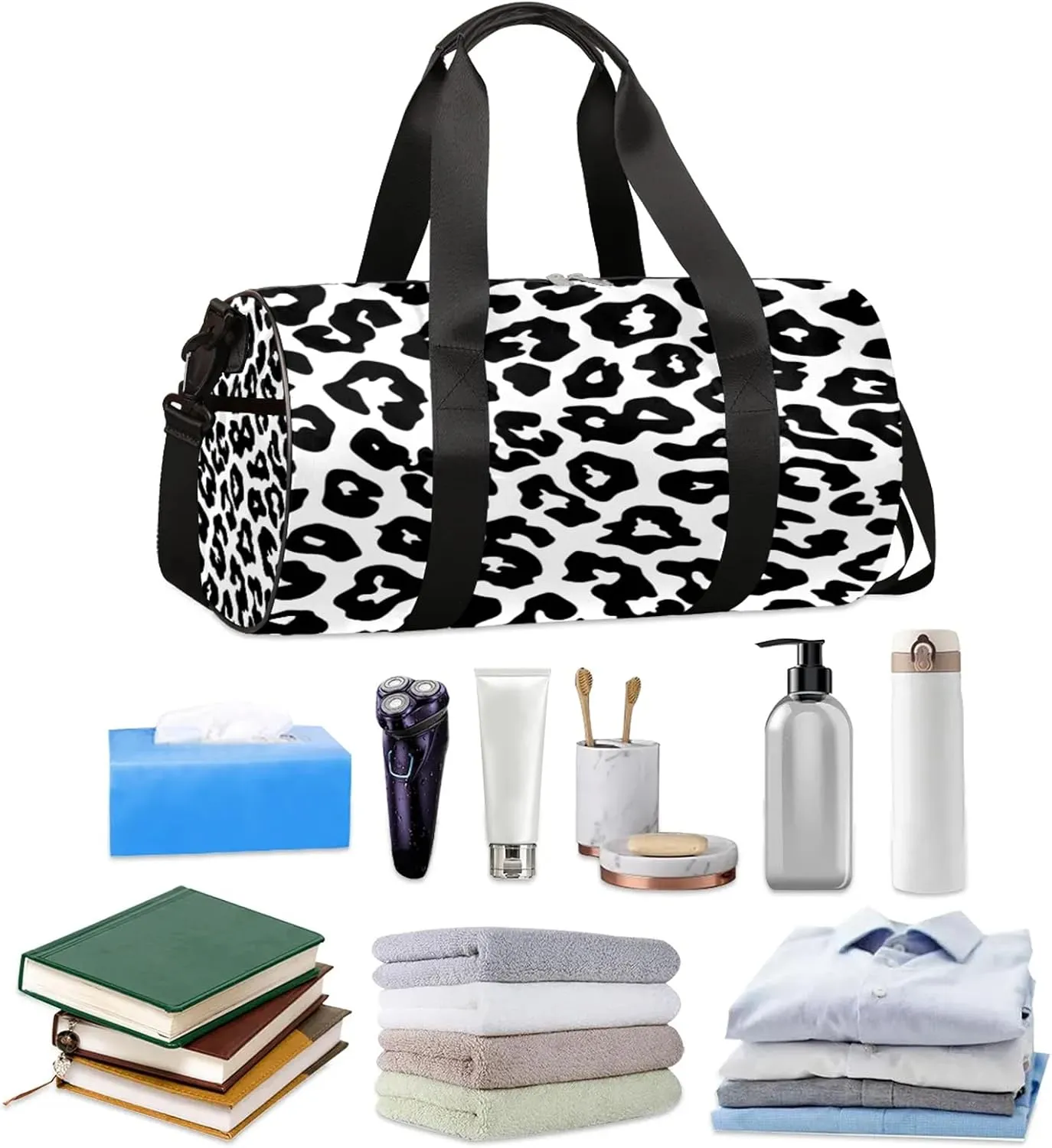 Black White Leopard Print Sports Gym Bag for Men Women Lightweight Travel Duffle Bag with Shoulder Strap Waterproof Carry On Weekender Overnight Bag for Travel Sports Gym