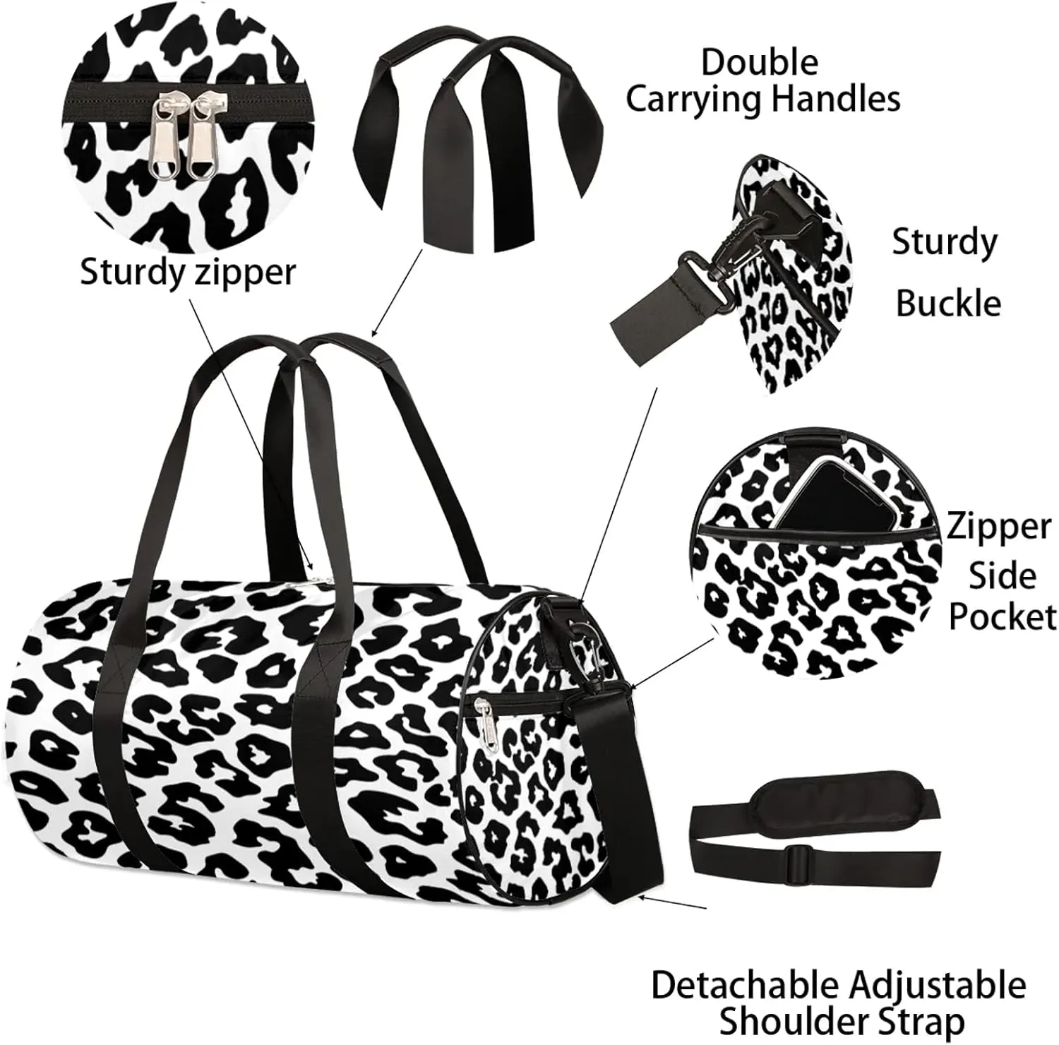 Black White Leopard Print Sports Gym Bag for Men Women Lightweight Travel Duffle Bag with Shoulder Strap Waterproof Carry On Weekender Overnight Bag for Travel Sports Gym