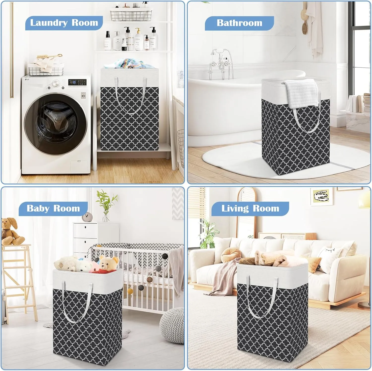 BlissTotes 3-Pack Laundry Basket, Freestanding＆Waterproof Laundry Hamper, Collapsible Tall Clothes Hamper with Easy Carry Handles for Clothes, Towels in the Family and Dorm,Clover Black,75L