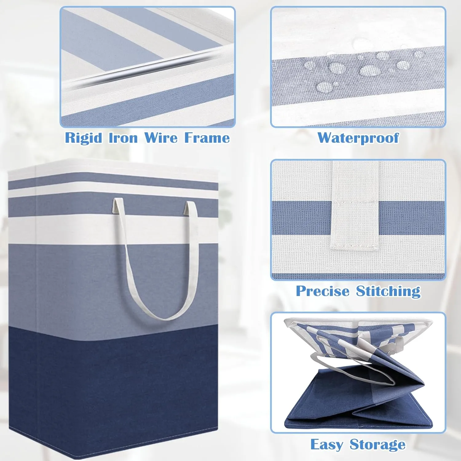 BlissTotes 3-Pack Laundry Basket, Freestanding＆Waterproof Laundry Hamper, Collapsible Tall Clothes Hamper with Easy Carry Handles for Clothes, Towels in the Family and Dorm,Gradient Blue,125L