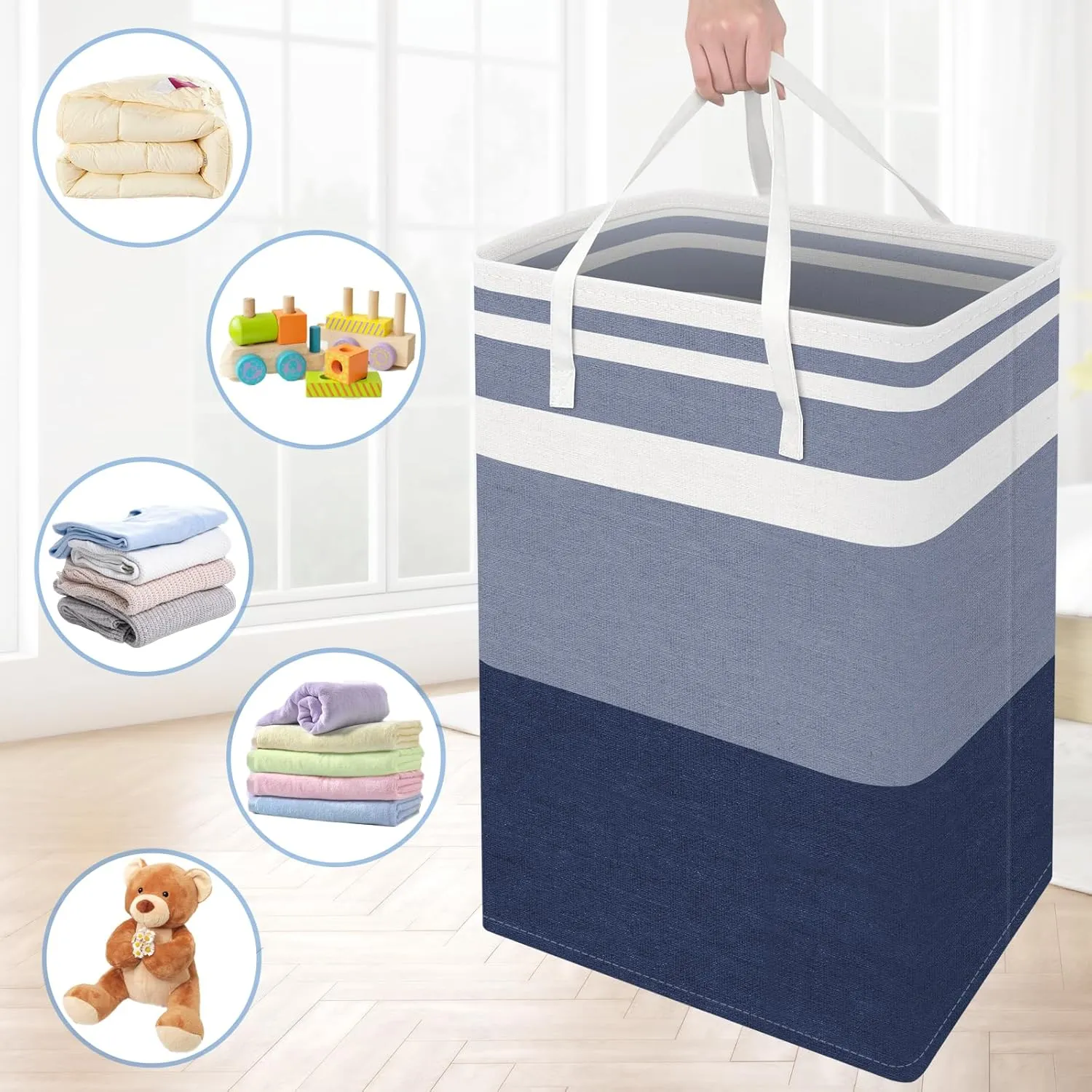 BlissTotes 3-Pack Laundry Basket, Freestanding＆Waterproof Laundry Hamper, Collapsible Tall Clothes Hamper with Easy Carry Handles for Clothes, Towels in the Family and Dorm,Gradient Blue,125L