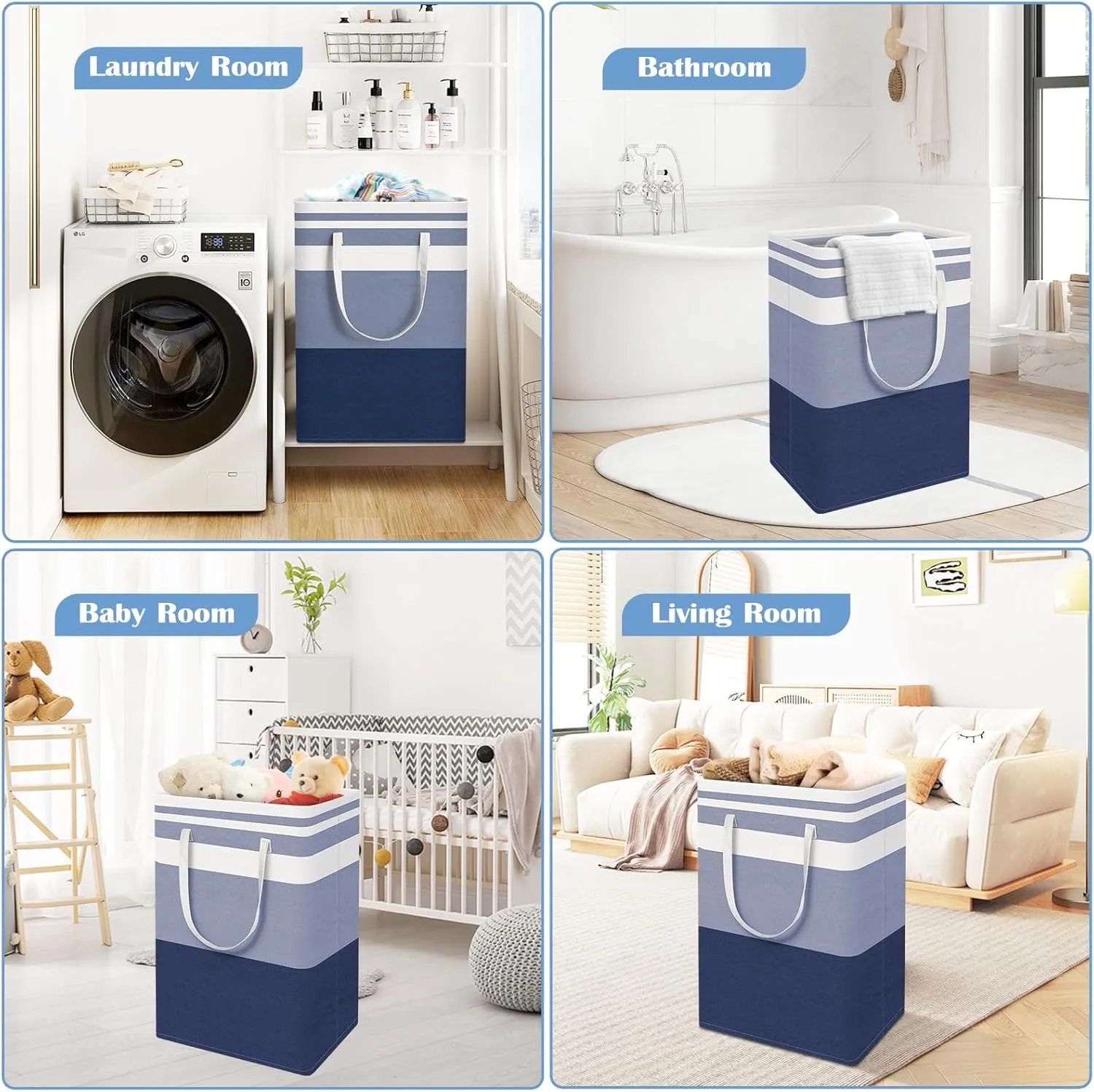 BlissTotes 3-Pack Laundry Basket, Freestanding＆Waterproof Laundry Hamper, Collapsible Tall Clothes Hamper with Easy Carry Handles for Clothes, Towels in the Family and Dorm,Gradient Blue,125L