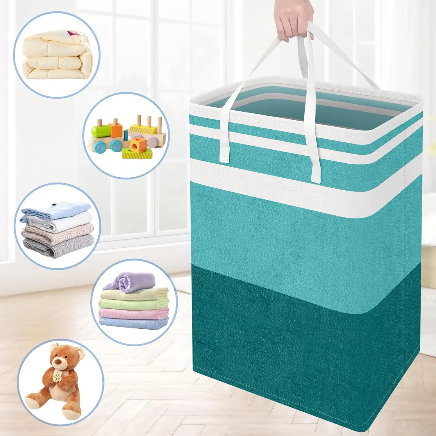 BlissTotes 3-Pack Laundry Basket, Freestanding＆Waterproof Laundry Hamper, Collapsible Tall Clothes Hamper with Easy Carry Handles for Clothes, Towels in the Family and Dorm,Gradient Green,125L