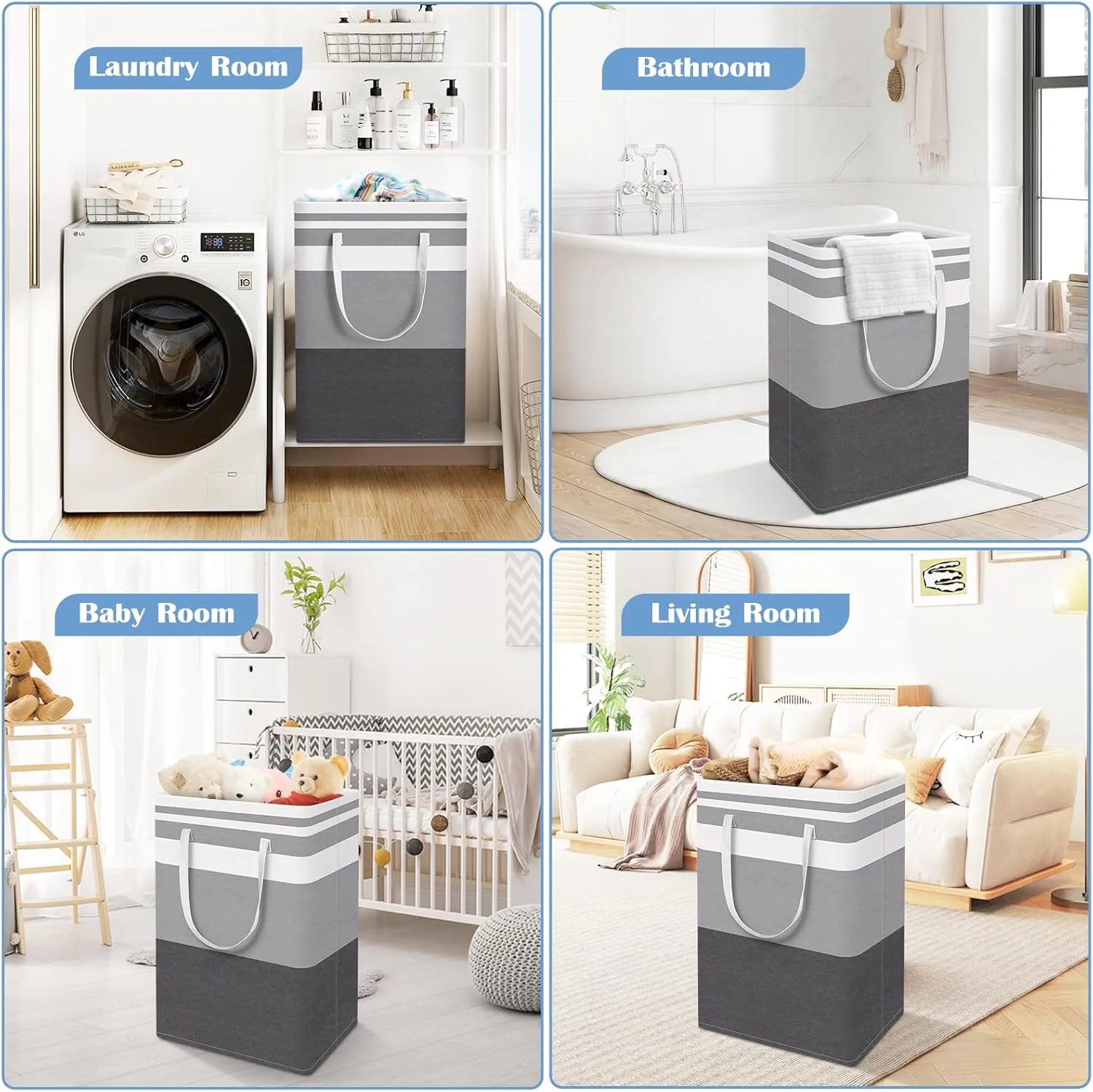 BlissTotes 3-Pack Laundry Basket, Freestanding＆Waterproof Laundry Hamper, Collapsible Tall Clothes Hamper with Easy Carry Handles for Clothes, Towels in the Family and Dorm,Gradient Grey,125L
