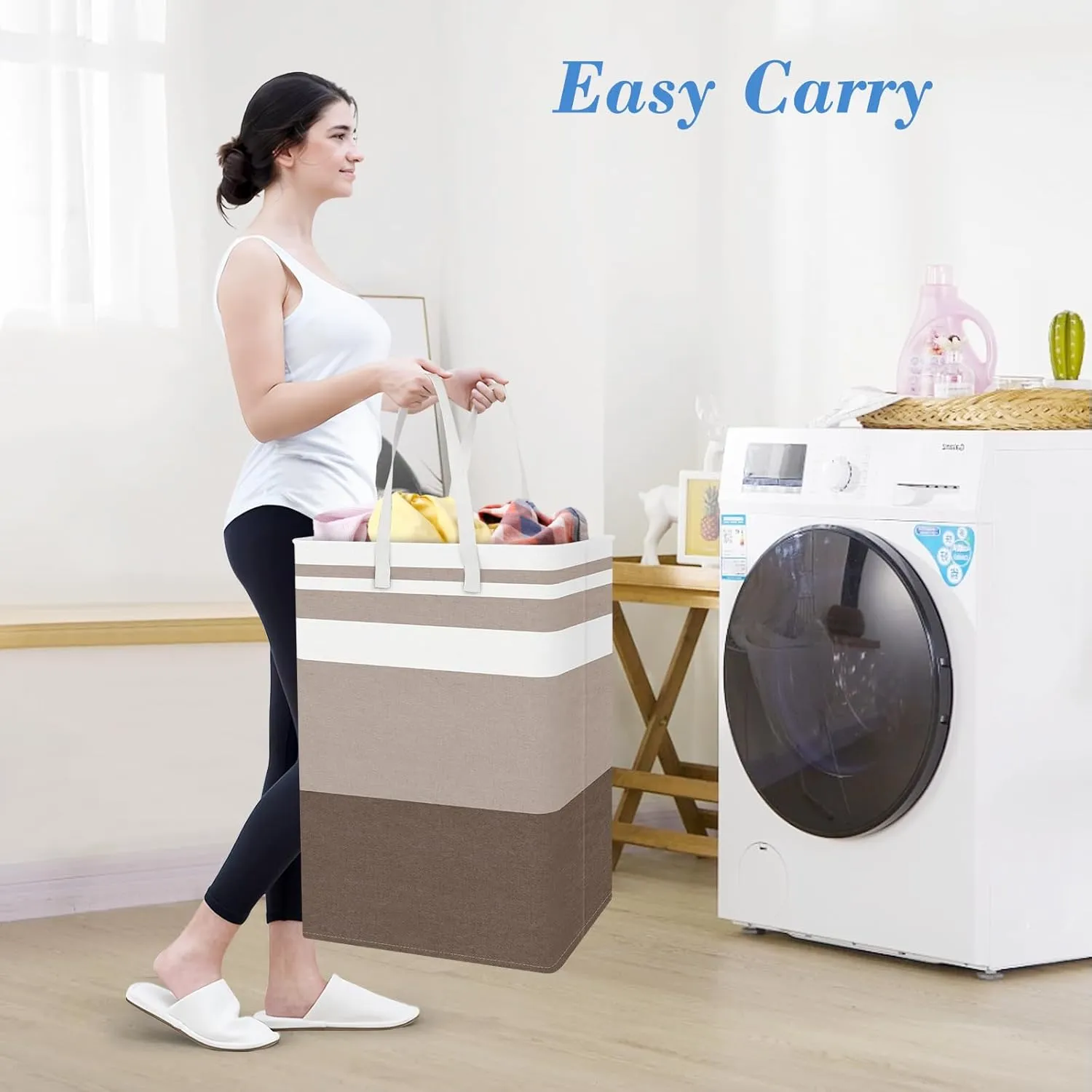BlissTotes 3-Pack Laundry Basket, Freestanding＆Waterproof Laundry Hamper, Collapsible Tall Clothes Hamper with Easy Carry Handles for Clothes, Towels in the Family and Dorm,Gradient Khaki,125L