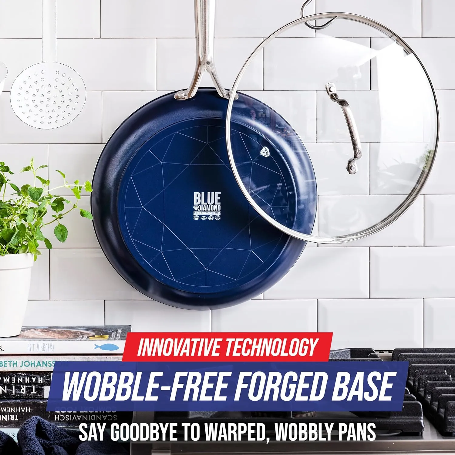 Blue Diamond 12" Nonstick Frying Pan with Lid, Diamond Infused PFAS & PTFE-Free Ceramic Skillet, Dishwasher & Oven Safe, Stay Cool Handle, Durable Non Toxic Metal Utensil Safe, Glass Lid, Blue