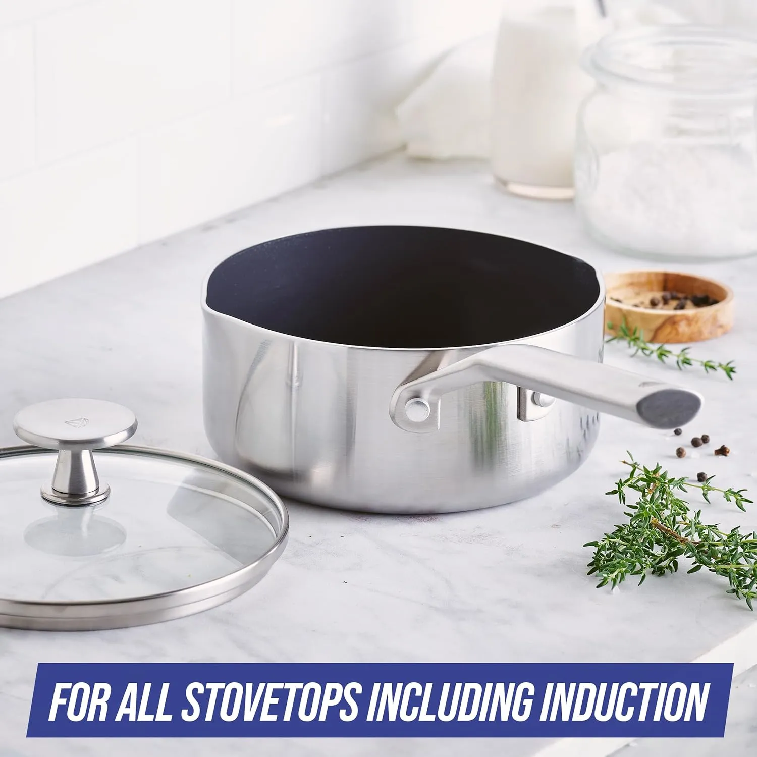 Blue Diamond Cookware Tri-Ply Stainless Steel Ceramic Nonstick, 1.6 QT Saucepan Pot with Lid, PFAS-Free, Multi Clad, Induction, Dishwasher Safe, Oven Safe, Silver