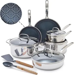 Blue Diamond Hybrid Nonstick Stainless Steel 12 Piece Cookware Set, Tri-Ply PFAS-Free Ceramic Pots & Pans, Dishwasher & Oven Safe to 850F, Induction Ready, Compatible with All Cooktops, Silver