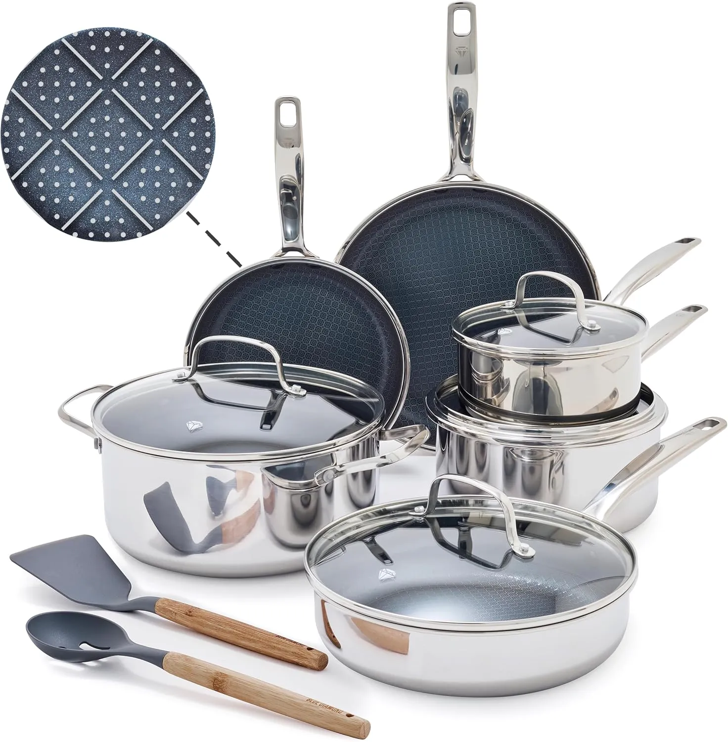 Blue Diamond Hybrid Nonstick Stainless Steel 12 Piece Cookware Set, Tri-Ply PFAS-Free Ceramic Pots & Pans, Dishwasher & Oven Safe to 850F, Induction Ready, Compatible with All Cooktops, Silver