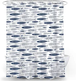 Blue Fish Shower Curtain Abstract Fish Oriental Artistic Print White Background Waterproof Fabric Bathroom Decor Bath Curtain with Hooks 72x72 inch