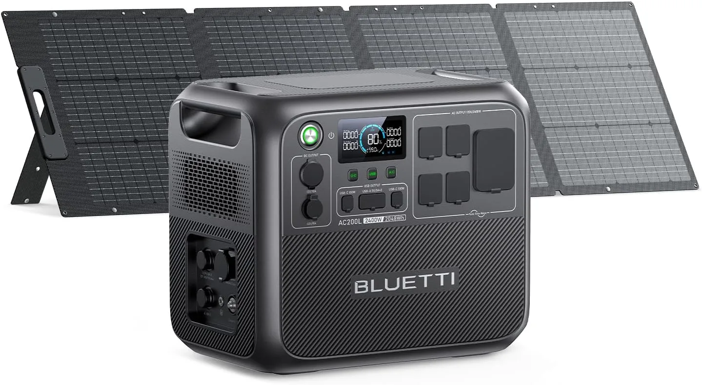BLUETTI Solar Generator AC200L with 200W Solar Panel (Ships Separately), 2,048Wh LiFePO4 Battery Backup w/ 4 2,400W AC Outlets (3,600W Power Lifting), for Camping, Home Use, Emergency