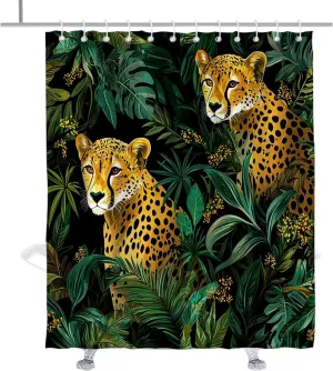 Boho Cheetah Shower Curtain Green Tropical Jungle Animal Leopard Print Shower Curtains Set Wildlife Animals Cheetahs Aesthetic Minimalist Modern Bathroom Decor with Hooks 72" W x 84" H