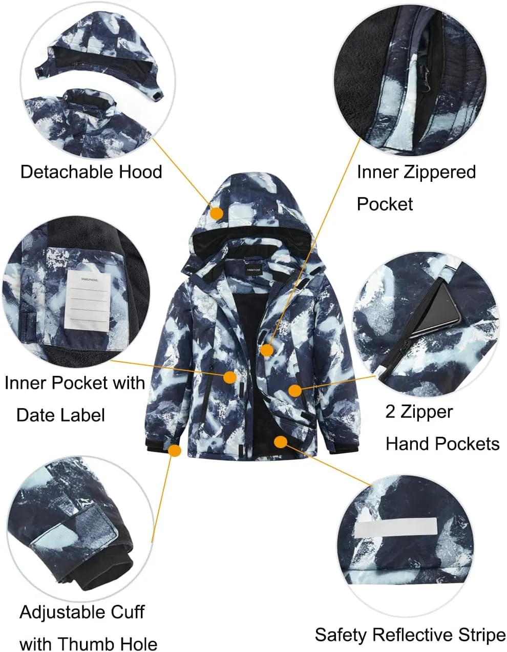 Boys Waterproof Ski Jacket Warm Winter Fleece Snow Coat Kids Outdoor Hooded Snowboard Jacket