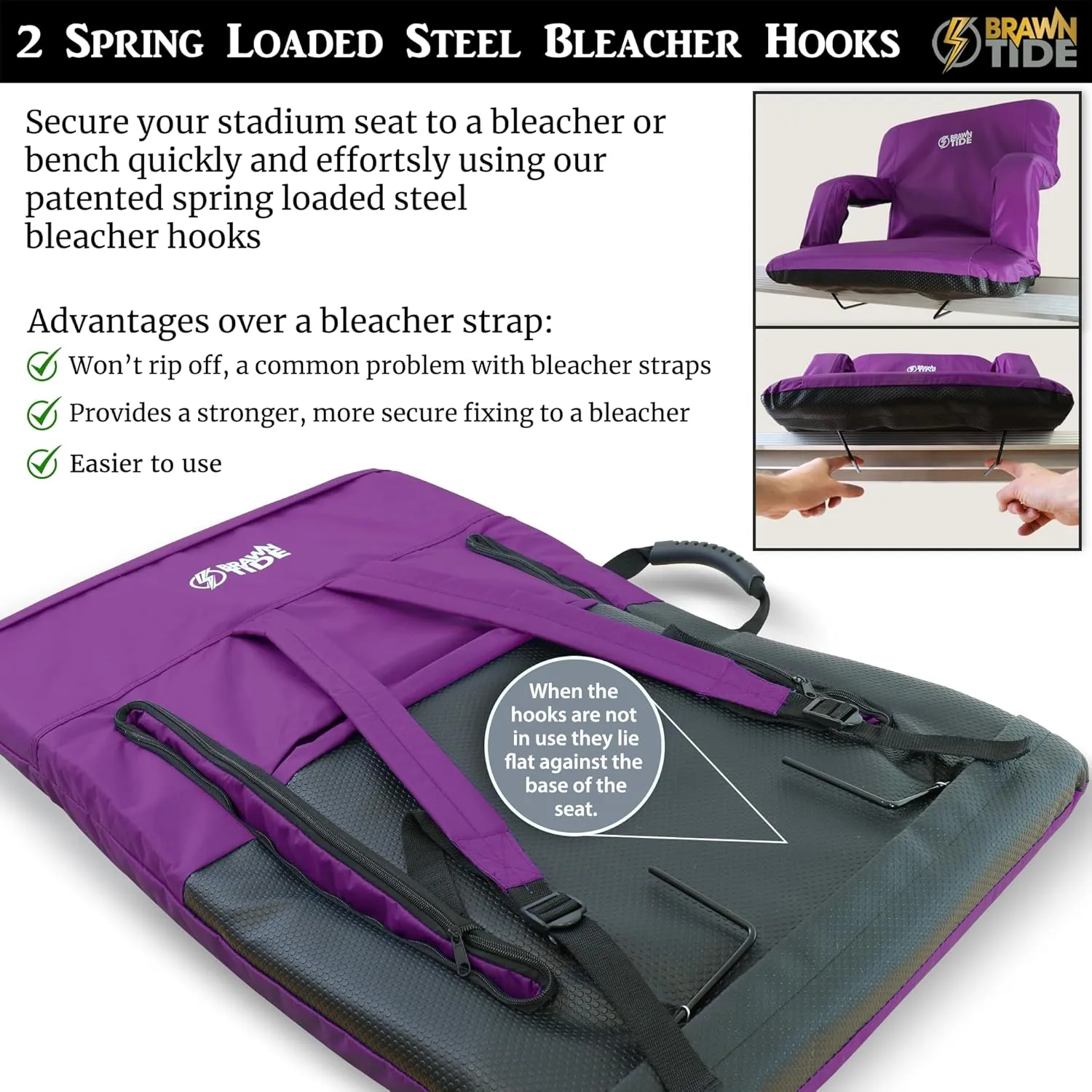 BRAWNTIDE Stadium Seat with Back Support - Comfy Cushion, Thick Padding, 2 Steel Bleacher Hooks, 4 Pockets, 2 Cup Holders, Reclining Back, Ideal Chair for Sport Events, Beaches, Camping, Concerts