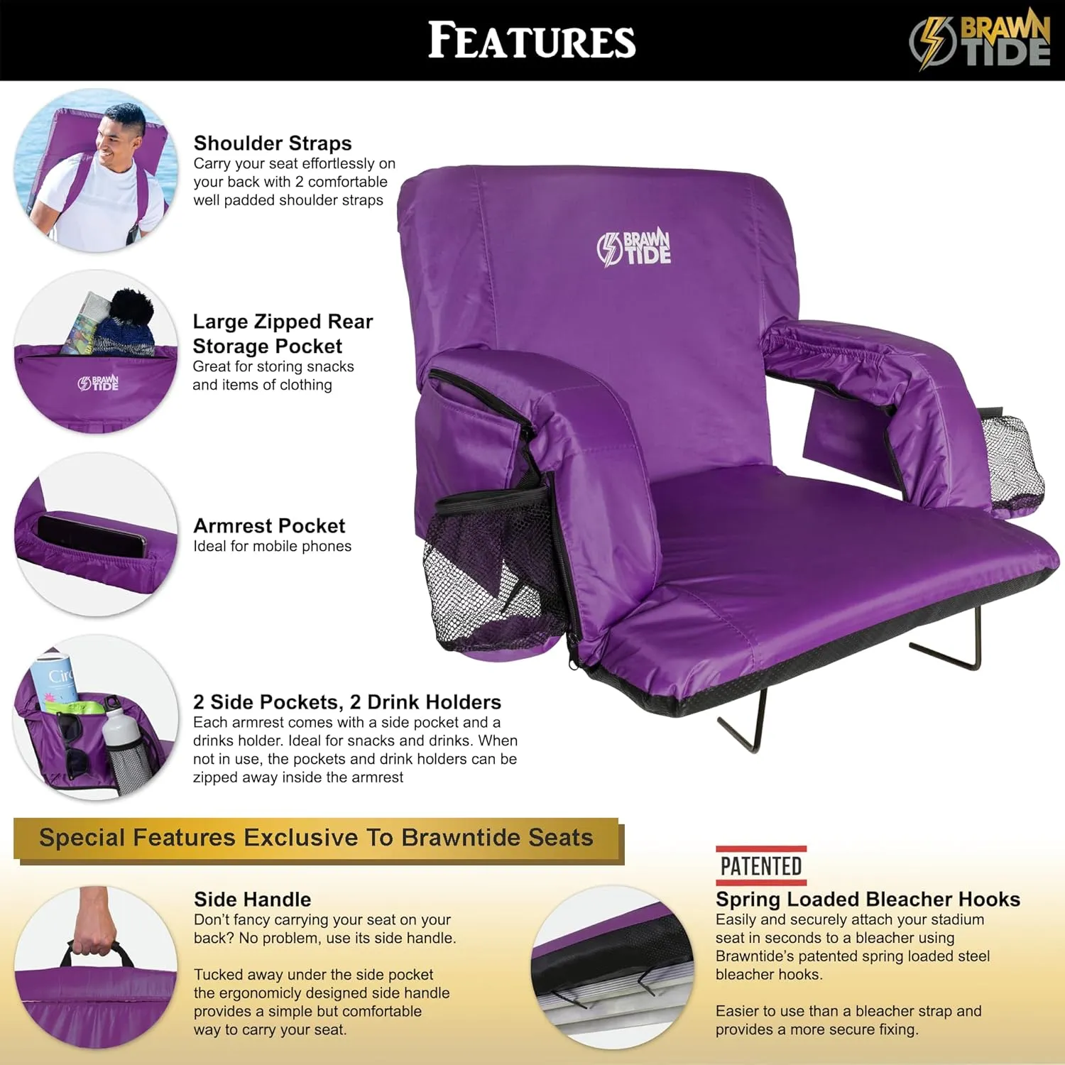 BRAWNTIDE Stadium Seat with Back Support - Comfy Cushion, Thick Padding, 2 Steel Bleacher Hooks, 4 Pockets, 2 Cup Holders, Reclining Back, Ideal Chair for Sport Events, Beaches, Camping, Concerts