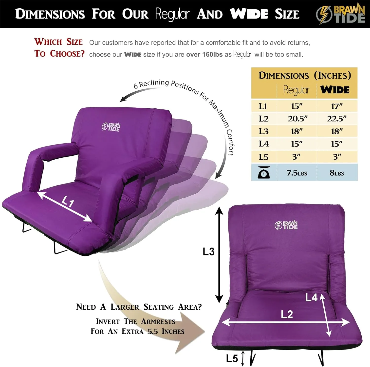 BRAWNTIDE Stadium Seat with Back Support - Comfy Cushion, Thick Padding, 2 Steel Bleacher Hooks, 4 Pockets, 2 Cup Holders, Reclining Back, Ideal Chair for Sport Events, Beaches, Camping, Concerts