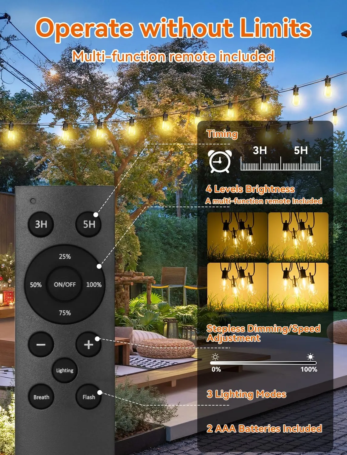 Brightever Solar String Lights for Outside with Remote, 150FT Commercial Grade Patio Lights with 45 3 LED Shatterproof Bulbs, 3 Light Modes Dimmable Hanging Light for Backyard Garden, Dimmable