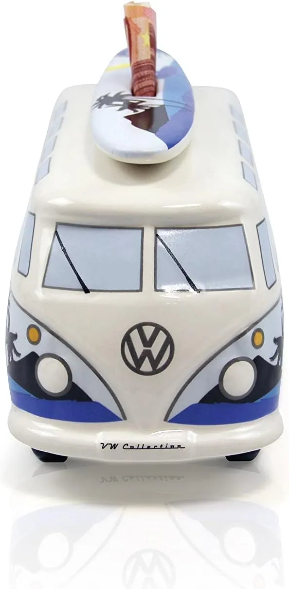 BRISA VW Collection - Volkswagen Savings Bank Piggy Bank Money Coin Box with Surfboard in T1 Bus Samba Design (Surf/Blue)