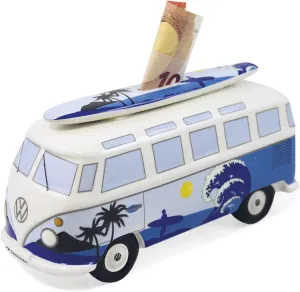 BRISA VW Collection - Volkswagen Savings Bank Piggy Bank Money Coin Box with Surfboard in T1 Bus Samba Design (Surf/Blue)