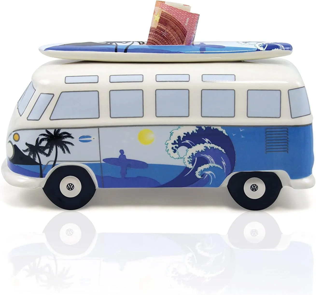 BRISA VW Collection - Volkswagen Savings Bank Piggy Bank Money Coin Box with Surfboard in T1 Bus Samba Design (Surf/Blue)