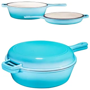 Bruntmor 2-in-1, 3 Quart Enamel Cast Iron Dutch Oven With Handle, 3 Qt Blue Cast Iron Skillet, Enamel All-in-One Cookware Braising Pan For Casserole Dish, Crock Pot Covered With Cast Iron