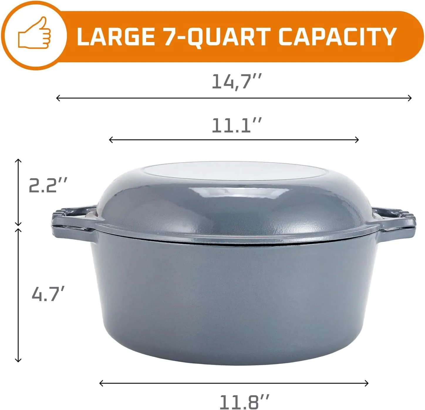 Bruntmor 2-in-1 Enamel Cast Iron Dutch Oven With Handles - Crock Pot Grey Cast Iron pot with Skillet lid - All-in-One Cookware Braising Pan for Casserole Dish - 7 Quart, Grey