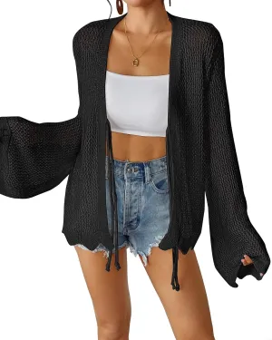 Bsubseach Women Tie Front Crochet Cardigan Lightweight Summer Knit Cardigans Long Sleeve Beach Cover Up
