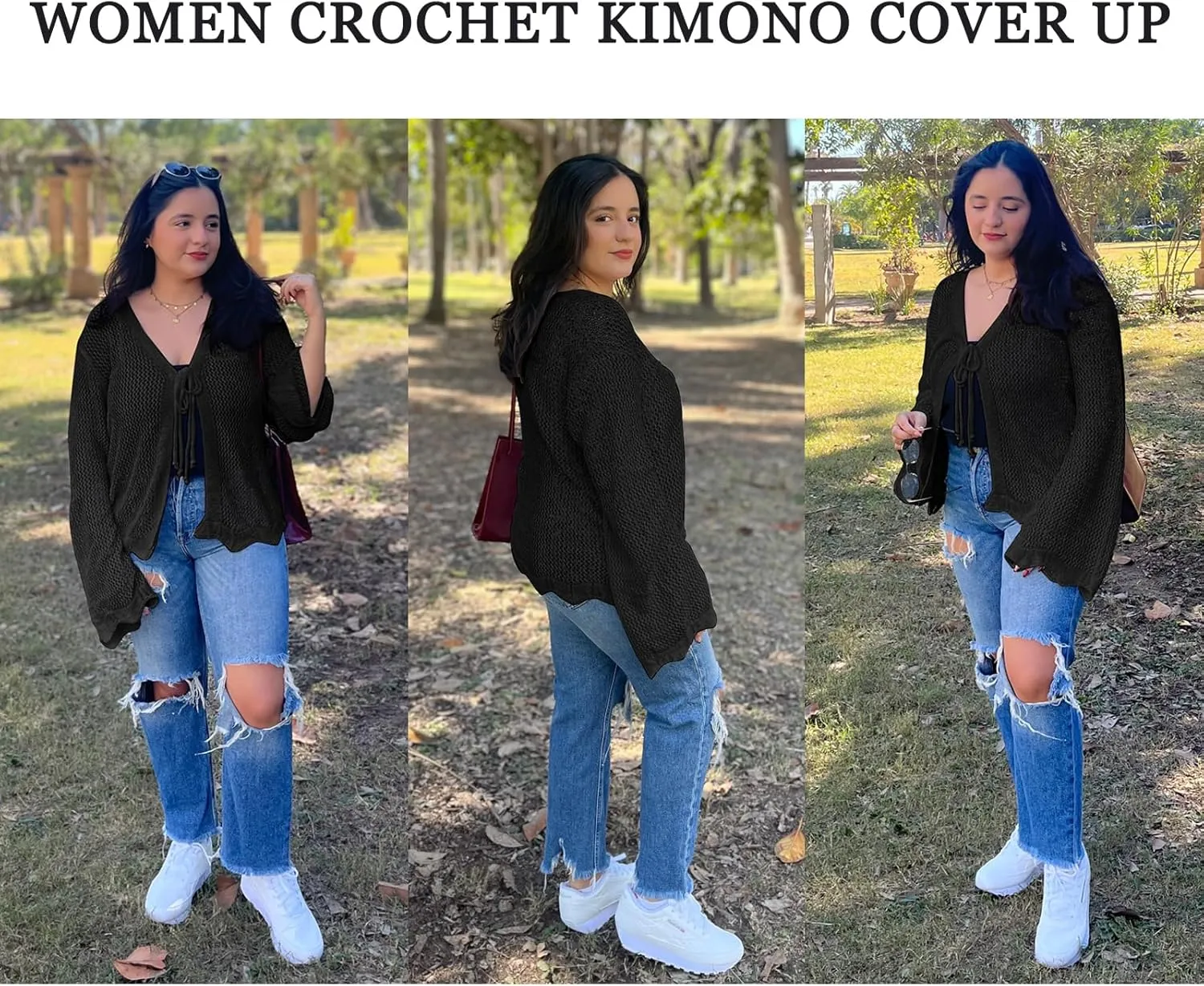 Bsubseach Women Tie Front Crochet Cardigan Lightweight Summer Knit Cardigans Long Sleeve Beach Cover Up