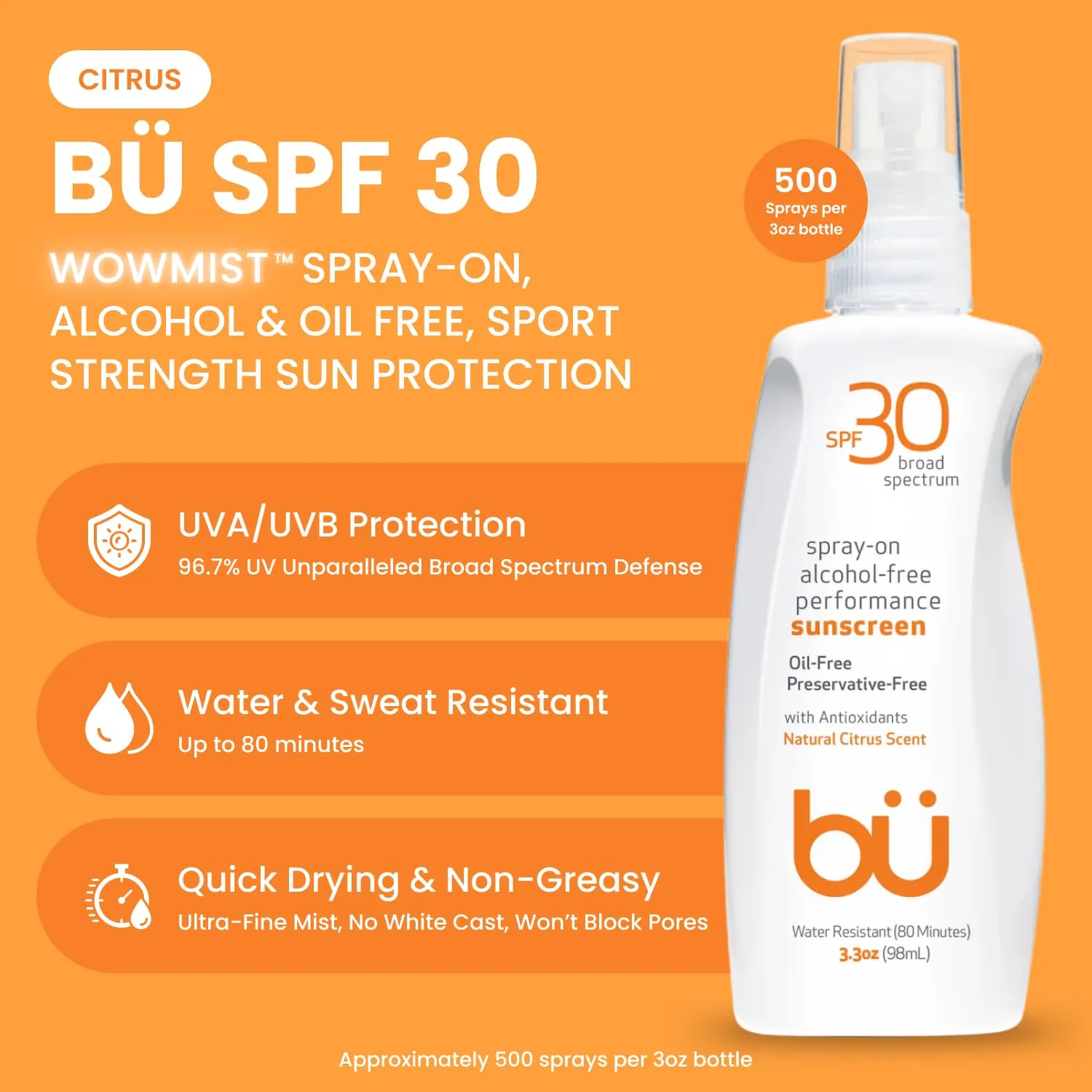 Bu SPF 30 Ultrafine WOWmist Sunscreen Spray - Clear, Non Greasy, Non Toxic, Non Comedogenic. Sweat & Water-Resistant. Travel, Sport, Sensitive Skin (Natural Citrus, 3.3 oz)