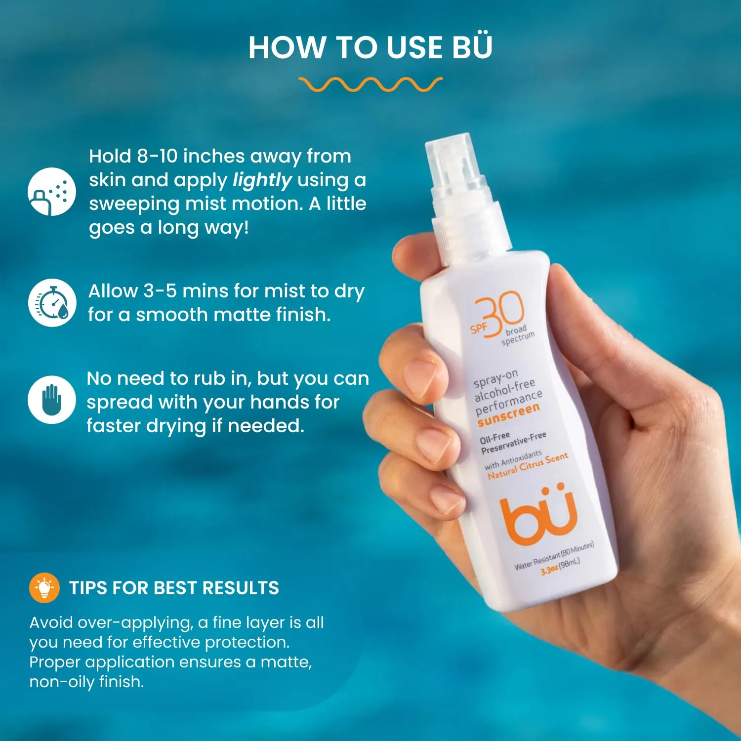 Bu SPF 30 Ultrafine WOWmist Sunscreen Spray - Clear, Non Greasy, Non Toxic, Non Comedogenic. Sweat & Water-Resistant. Travel, Sport, Sensitive Skin (Natural Citrus, 3.3 oz)