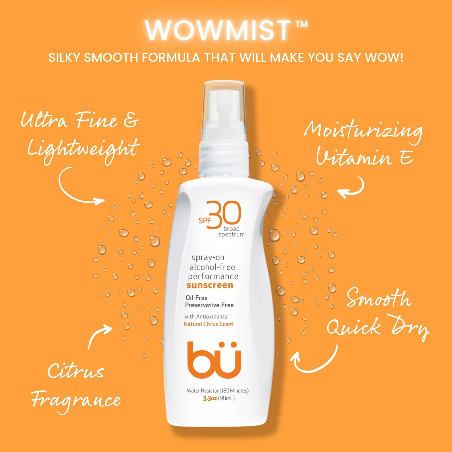 Bu SPF 30 Ultrafine WOWmist Sunscreen Spray - Clear, Non Greasy, Non Toxic, Non Comedogenic. Sweat & Water-Resistant. Travel, Sport, Sensitive Skin (Natural Citrus, 3.3 oz)