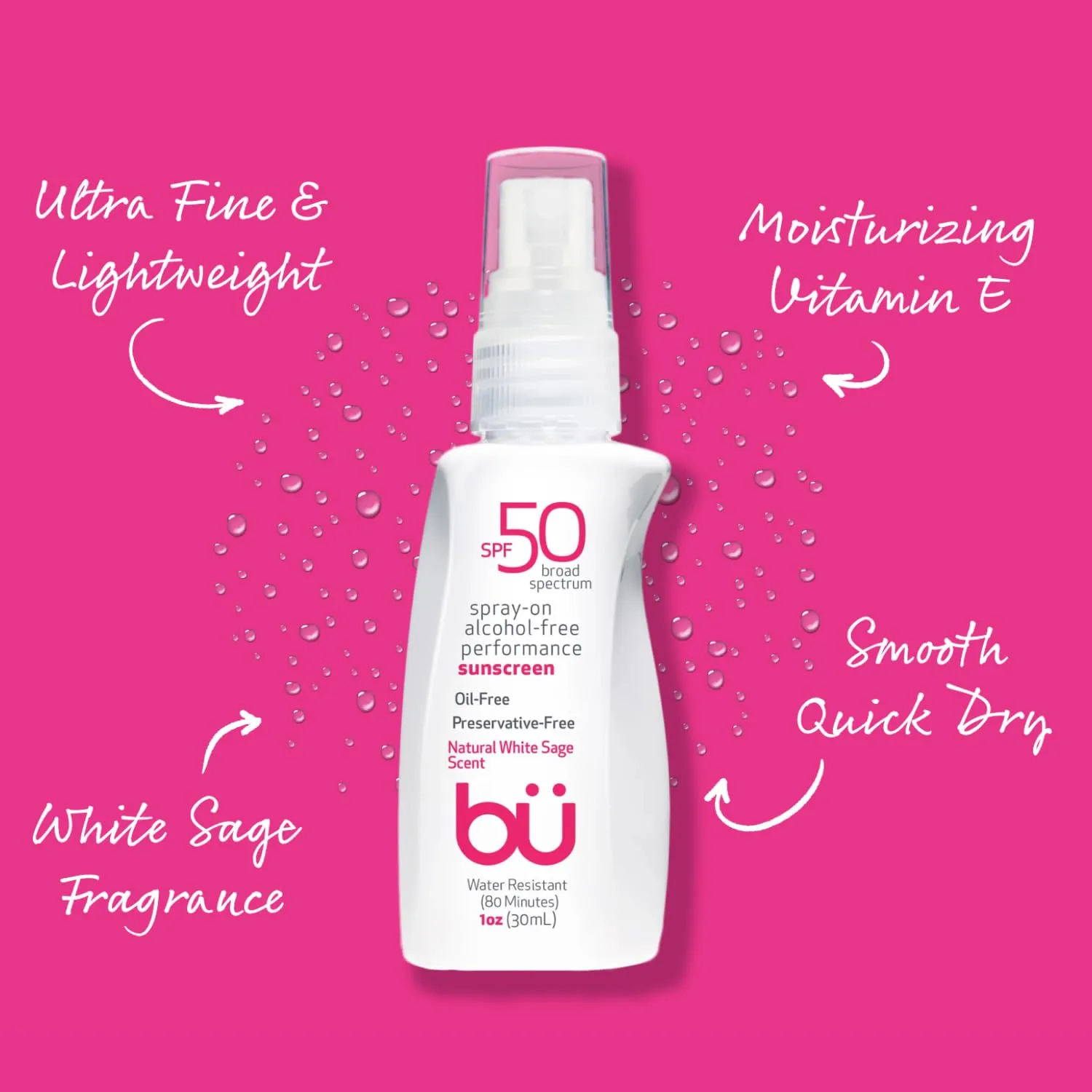 BU SPF 50 Sunscreen Spray for Face and Body, Non Aerosol Spray, TSA Travel Size Sunscreen, Clear, Non Greasy, Water Resistant, White Sage 1 oz (3 Pack)