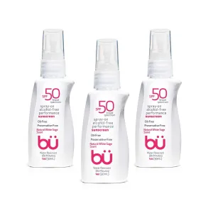 BU SPF 50 Sunscreen Spray for Face and Body, Non Aerosol Spray, TSA Travel Size Sunscreen, Clear, Non Greasy, Water Resistant, White Sage 1 oz (3 Pack)