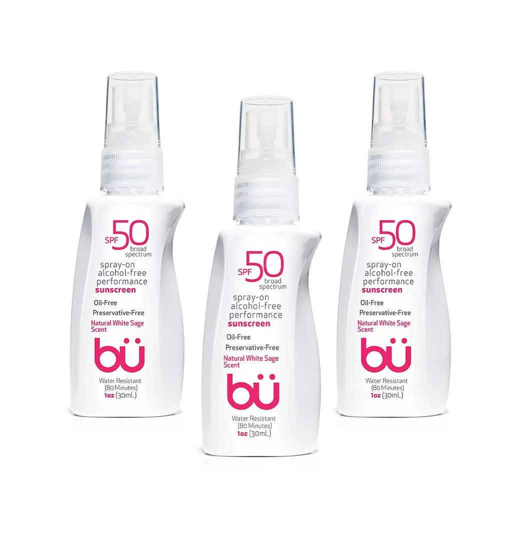 BU SPF 50 Sunscreen Spray for Face and Body, Non Aerosol Spray, TSA Travel Size Sunscreen, Clear, Non Greasy, Water Resistant, White Sage 1 oz (3 Pack)