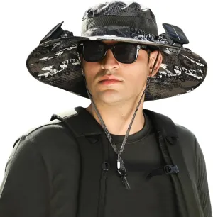 Bucket Hat with 2 Solar Power Fans for Men Women UPF 50  Outdoor Wide Brim Sun Fishing Hat - Removable & USB Charging Fan